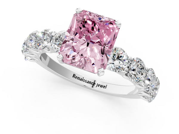 Platinum Fancy Pink Radiant Cut Diamond Prong Setting with Side Stones on a Pave Band