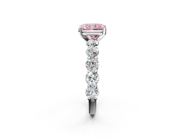 Platinum Fancy Pink Radiant Cut Diamond Prong Setting with Side Stones on a Pave Band