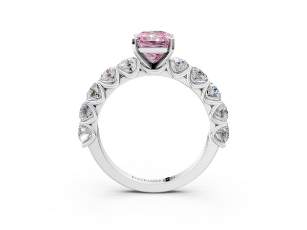 Platinum Fancy Pink Radiant Cut Diamond Prong Setting with Side Stones on a Pave Band