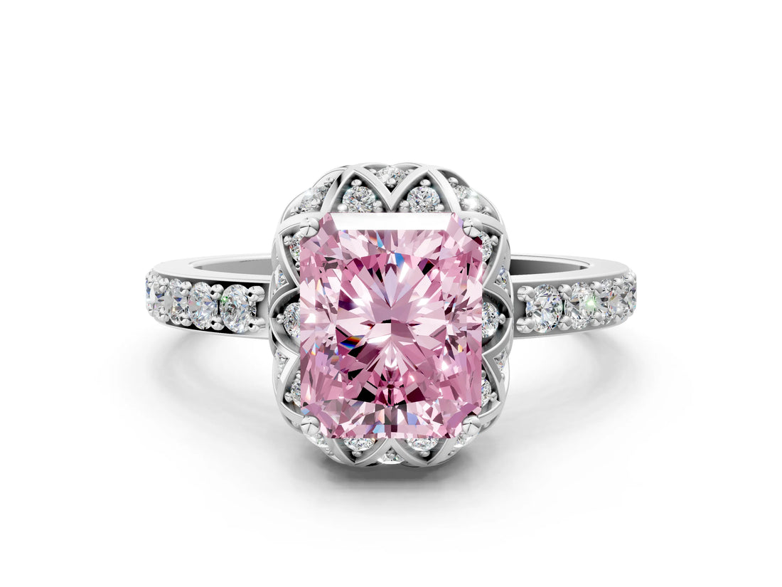 White gold Fancy Pink Radiant  Diamond Solitaire Ring with Shared Prong Pavé Band_24