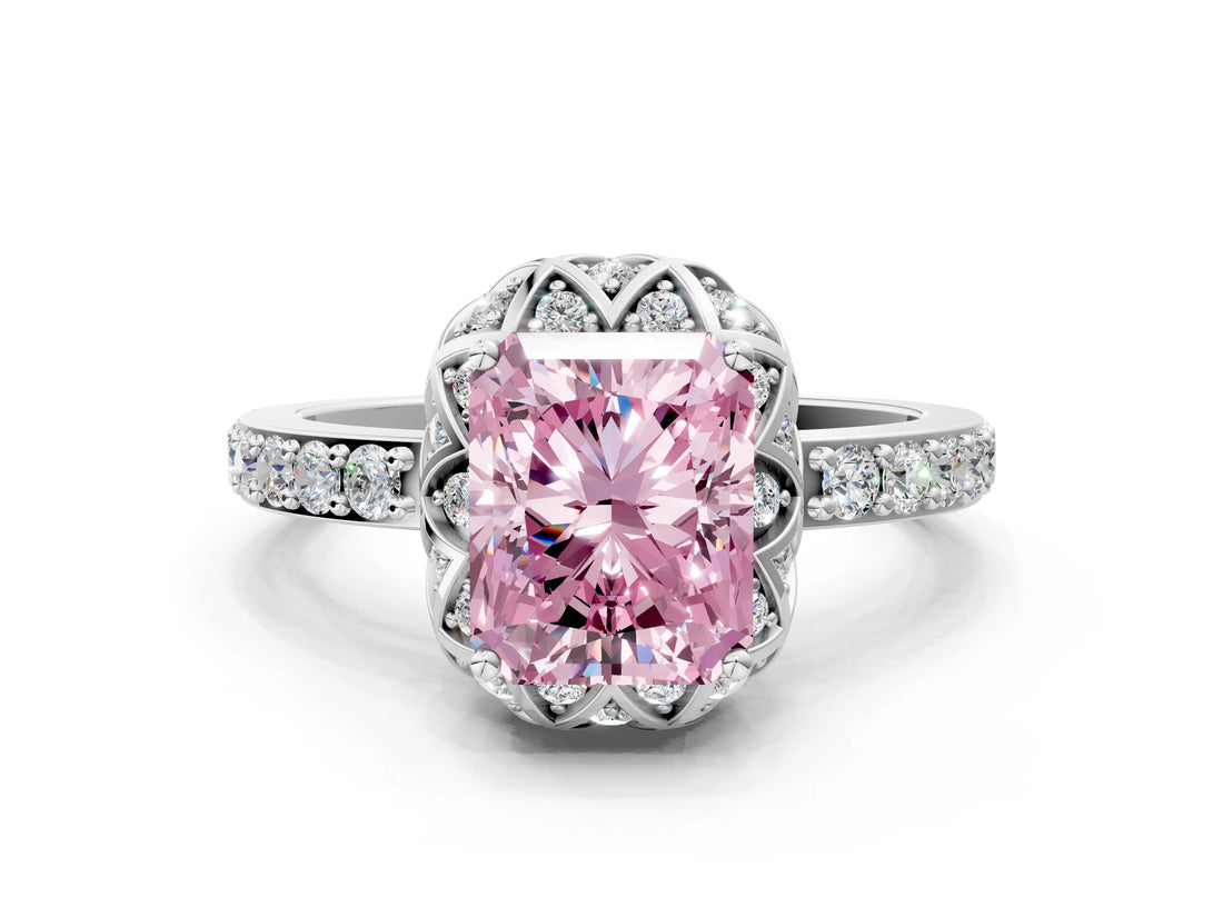 White gold Fancy Pink Radiant  Diamond Solitaire Ring with Shared Prong Pavé Band_65