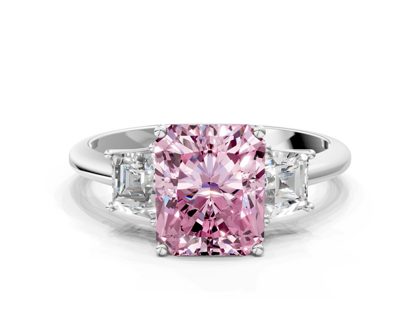 White Gold Radiant Cut Three Stone Engagement Ring Setting for Fancy Pink Center with Trapezoid Side Stones