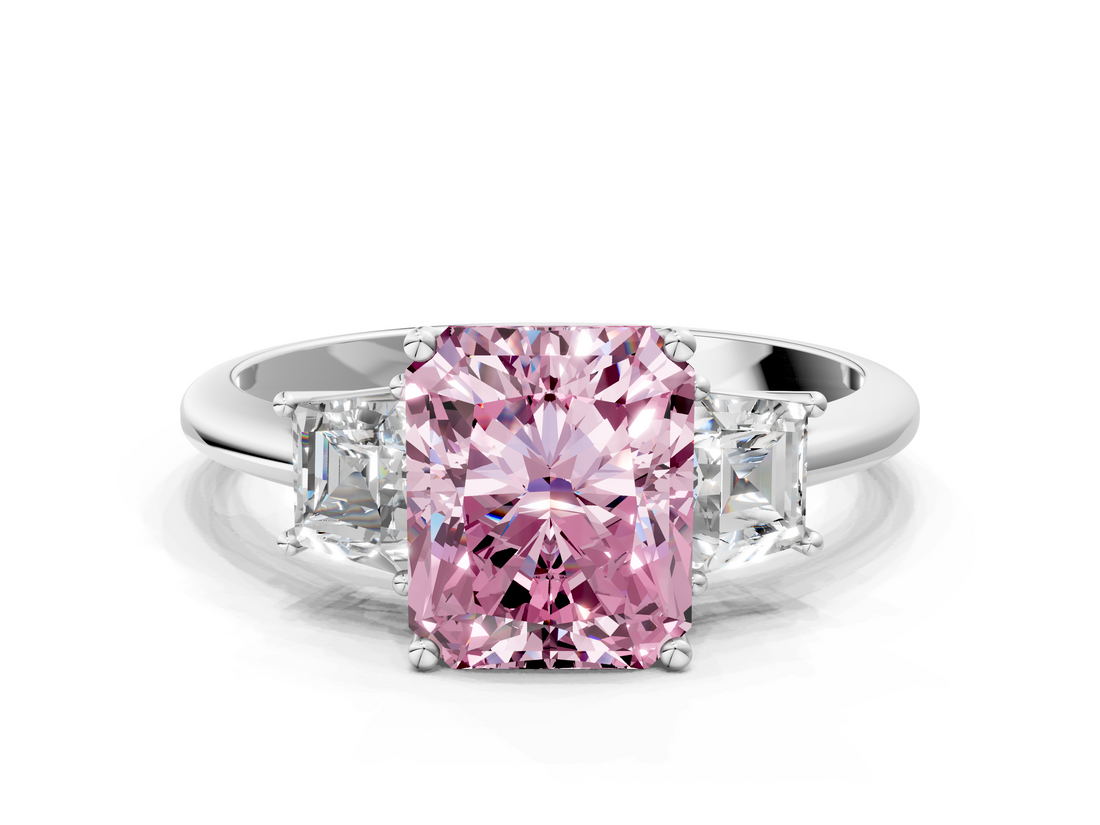 White gold Fancy Pink Radiant  Diamond Three-Stone Ring with Trapezoid Side Stones and Prong Setting_18