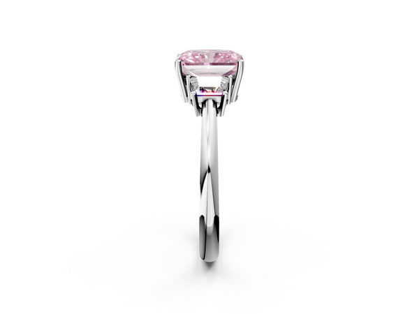 White Gold Radiant Cut Three Stone Engagement Ring Setting for Fancy Pink Center with Trapezoid Side Stones