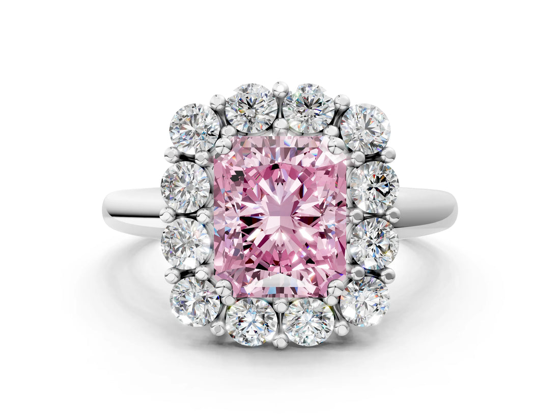 White gold Fancy Pink Radiant  Halo Cluster Diamond Engagement Ring with Prong Setting and Polished Band_63