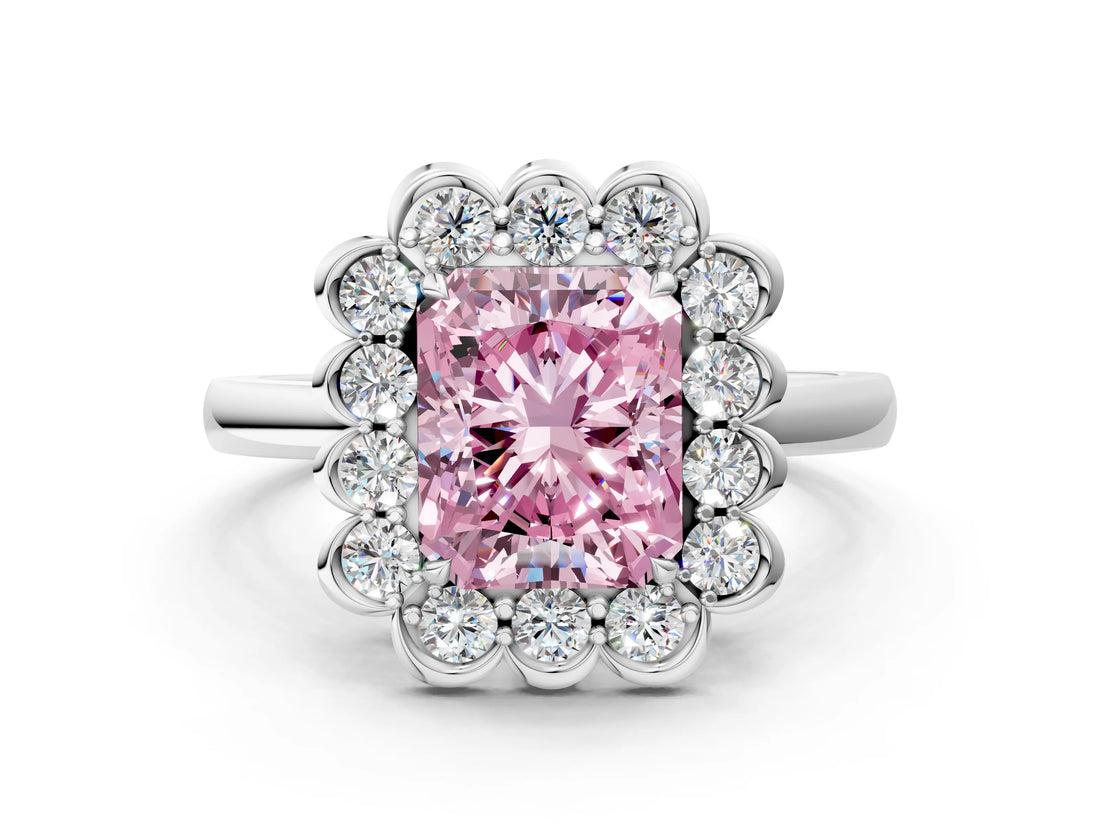 White gold Fancy Pink Radiant  Halo Cluster Diamond Engagement Ring with Solitaire Band and Prong Setting_49