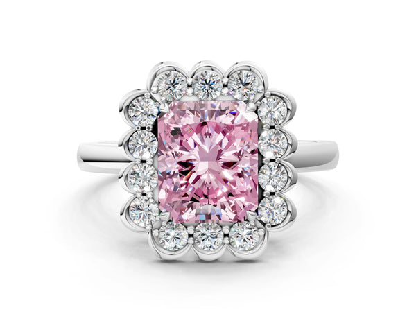 White gold Fancy Pink Radiant  Halo Cluster Diamond Engagement Ring with Solitaire Band and Prong Setting