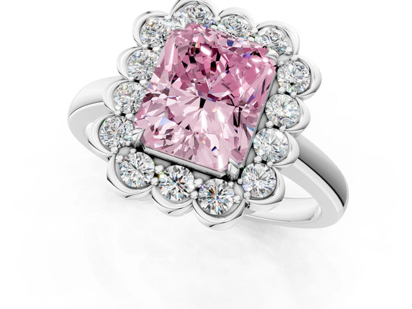 White gold Fancy Pink Radiant  Halo Cluster Diamond Engagement Ring with Solitaire Band and Prong Setting