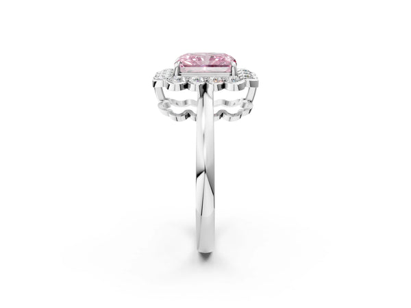 White gold Fancy Pink Radiant  Halo Cluster Diamond Engagement Ring with Solitaire Band and Prong Setting