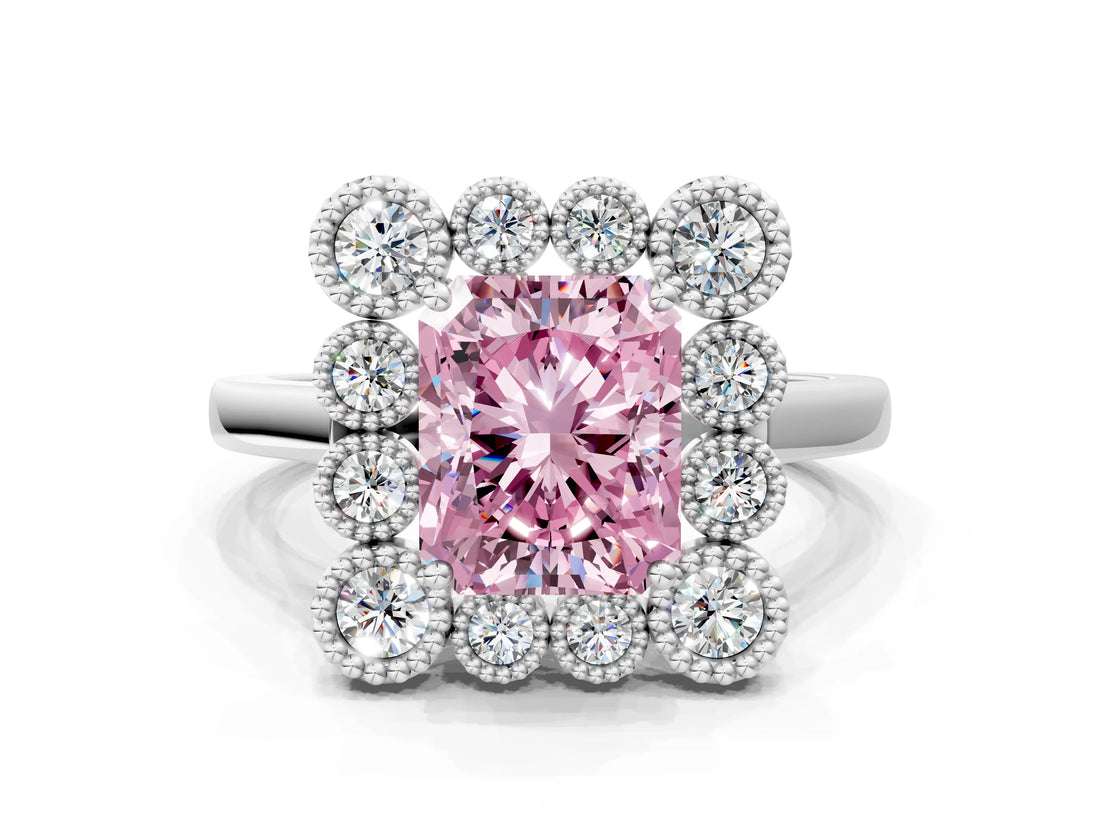 White gold Fancy Pink Radiant  Halo Diamond Cluster Engagement Ring with Milgrain Bezel Setting and Solitaire Band_27