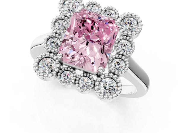 White gold Fancy Pink Radiant  Halo Diamond Cluster Engagement Ring with Milgrain Bezel Setting and Solitaire Band