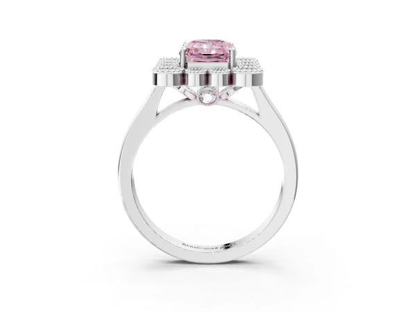 White gold Fancy Pink Radiant  Halo Diamond Cluster Engagement Ring with Milgrain Bezel Setting and Solitaire Band