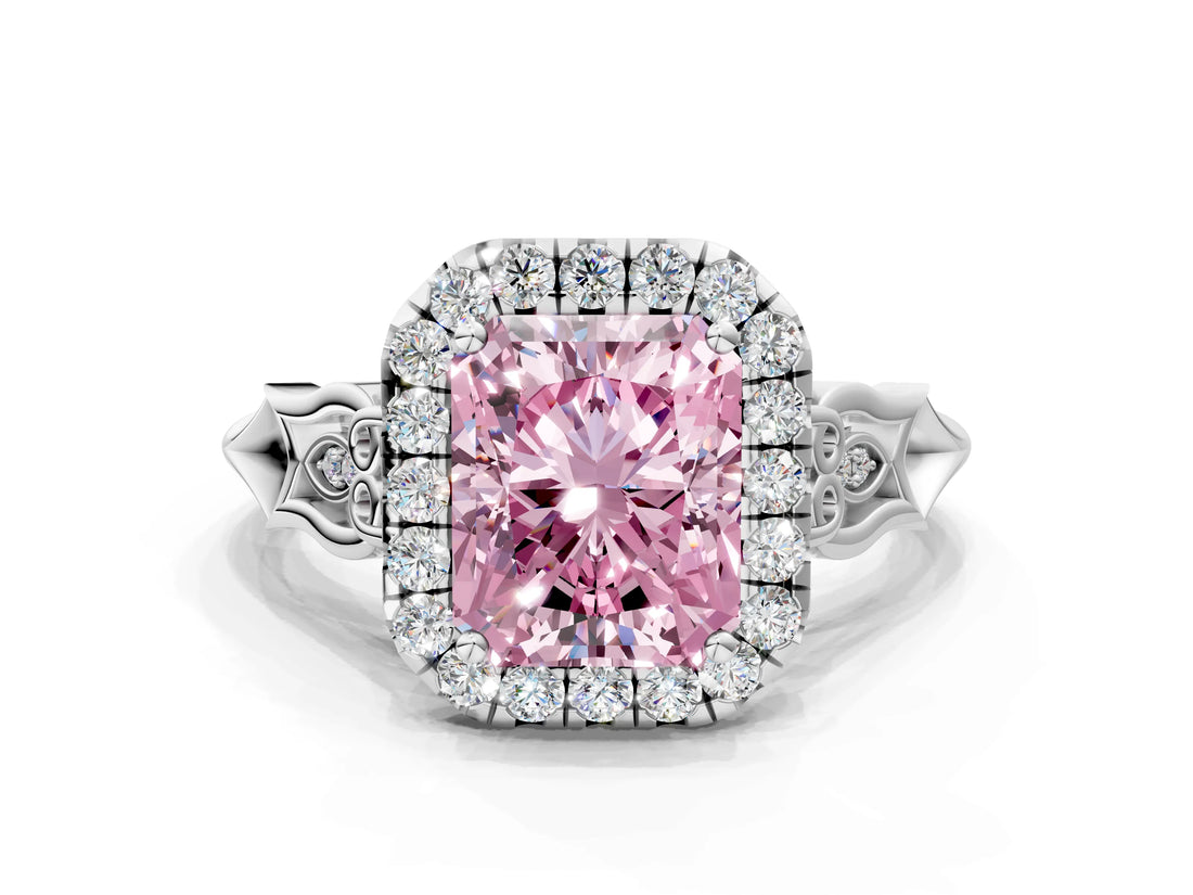 White gold Fancy Pink Radiant  Halo Diamond Engagement Ring with Filigree Band and Four-Prong Setting_113