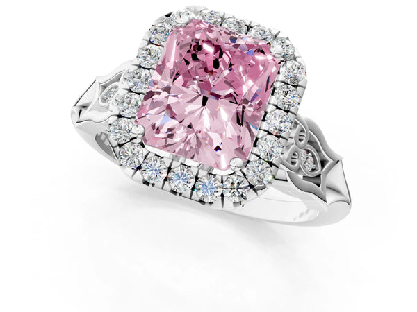 White gold Fancy Pink Radiant  Halo Diamond Engagement Ring with Filigree Band and Four-Prong Setting
