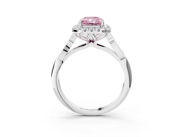 White gold Fancy Pink Radiant  Halo Diamond Engagement Ring with Filigree Band and Four-Prong Setting