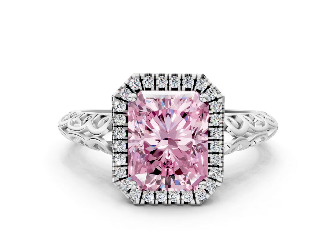 White gold Fancy Pink Radiant  Halo Diamond Engagement Ring with Intricate Filigree Band and Four-Prong Setting_54