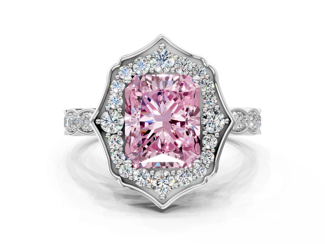 White gold Fancy Pink Radiant  Halo Diamond Engagement Ring with Milgrain Band and Four-Prong Setting_77