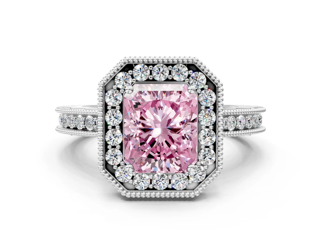 White gold Fancy Pink Radiant  Halo Diamond Engagement Ring with Milgrain Pave Band and Four-Prong Setting_69