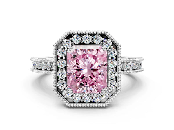 White gold Fancy Pink Radiant  Halo Diamond Engagement Ring with Milgrain Pave Band and Four-Prong Setting