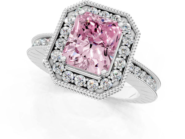 Platinum Fancy Pink Radiant  Halo Diamond Engagement Ring with Milgrain Pave Band and Four-Prong Setting