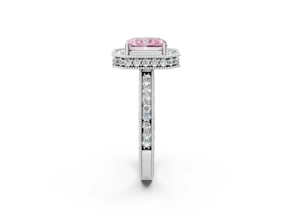 White gold Fancy Pink Radiant  Halo Diamond Engagement Ring with Milgrain Pave Band and Four-Prong Setting