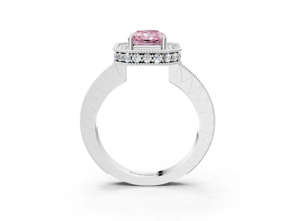 Platinum Fancy Pink Radiant  Halo Diamond Engagement Ring with Milgrain Pave Band and Four-Prong Setting