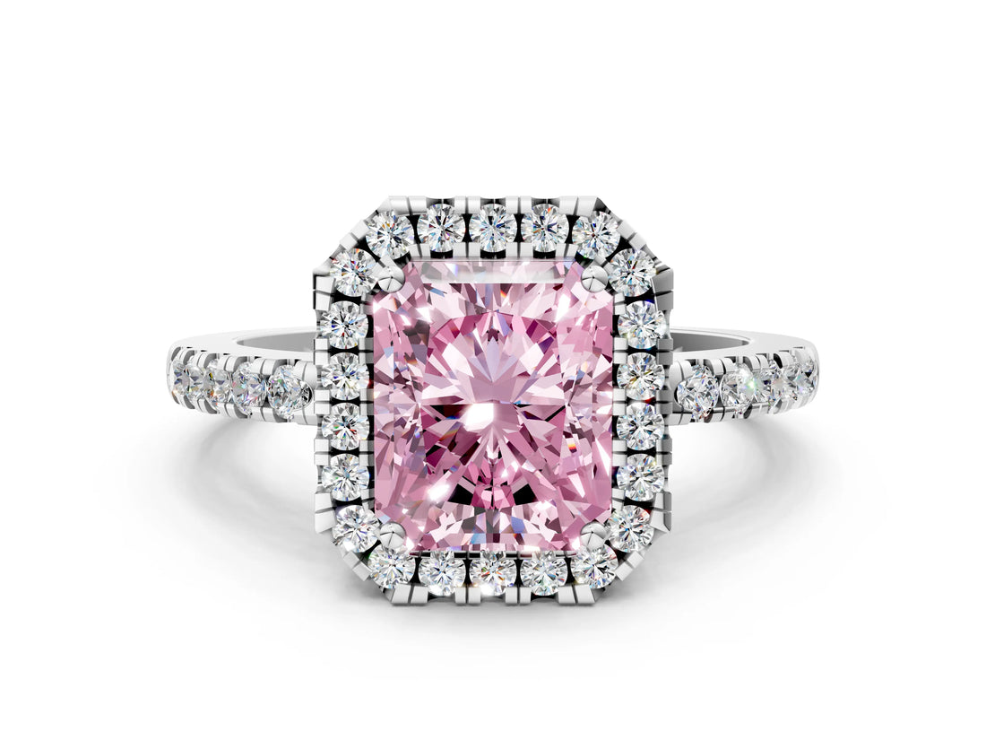 White gold Fancy Pink Radiant  Halo Diamond Engagement Ring with Pavé Band and Four-Prong Setting_99
