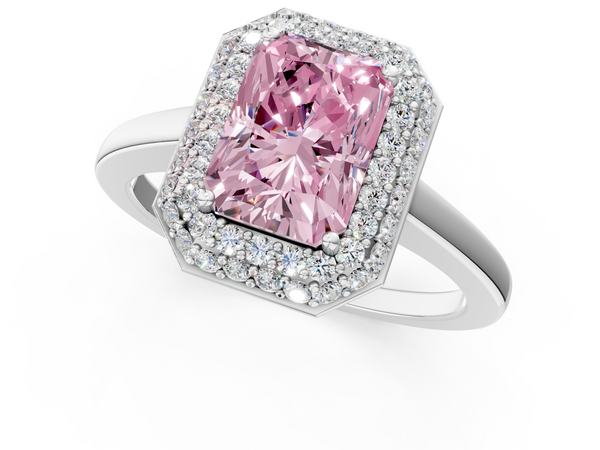 White gold Fancy Pink Radiant  Halo Diamond Engagement Ring with Solitaire Band and Four-Prong Setting
