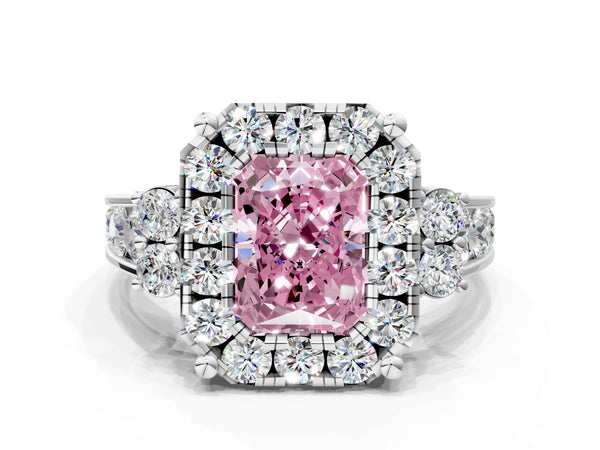 White gold Fancy Pink Radiant  Halo Diamond Engagement Ring with Split Shank and Four-Prong Setting