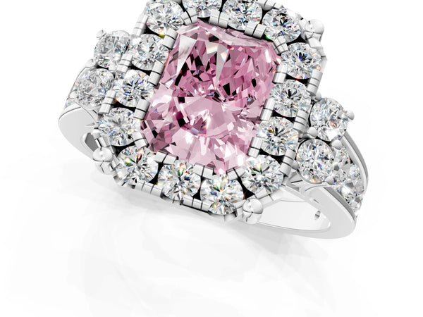 White gold Fancy Pink Radiant  Halo Diamond Engagement Ring with Split Shank and Four-Prong Setting
