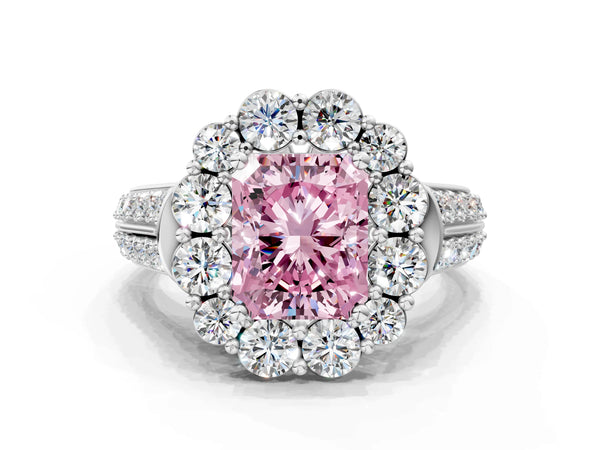 White gold Fancy Pink Radiant  Halo Diamond Engagement Ring with Split Shank and Prong Setting