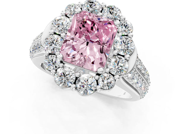 White gold Fancy Pink Radiant  Halo Diamond Engagement Ring with Split Shank and Prong Setting