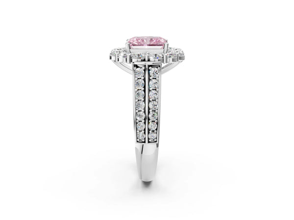 White gold Fancy Pink Radiant  Halo Diamond Engagement Ring with Split Shank and Prong Setting