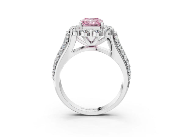 White gold Fancy Pink Radiant  Halo Diamond Engagement Ring with Split Shank and Prong Setting