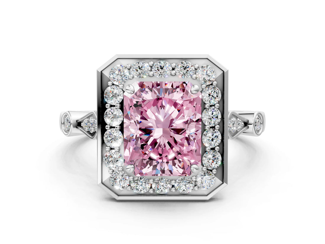 White gold Fancy Pink Radiant  Halo Diamond Engagement Ring with Twisted Band and Four-Prong Setting 2