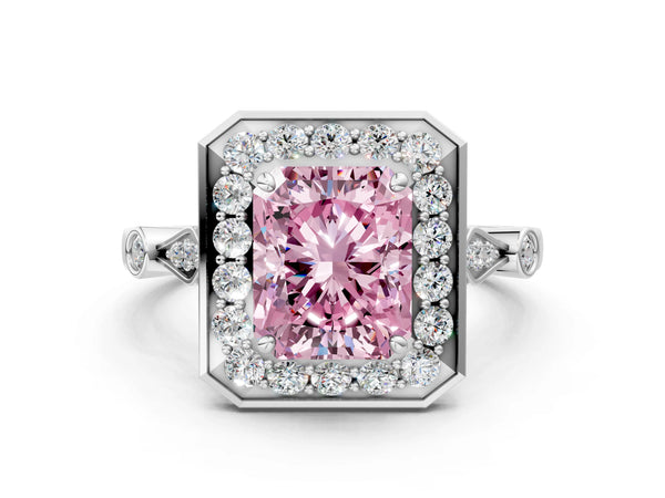 White gold Fancy Pink Radiant  Halo Diamond Engagement Ring with Twisted Band and Four-Prong Setting