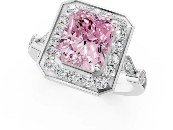 White gold Fancy Pink Radiant  Halo Diamond Engagement Ring with Twisted Band and Four-Prong Setting