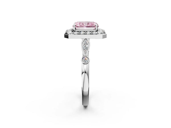 White gold Fancy Pink Radiant  Halo Diamond Engagement Ring with Twisted Band and Four-Prong Setting