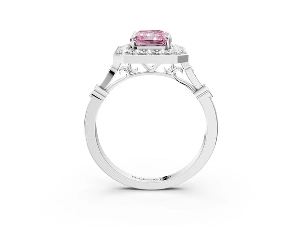 White gold Fancy Pink Radiant  Halo Diamond Engagement Ring with Twisted Band and Four-Prong Setting