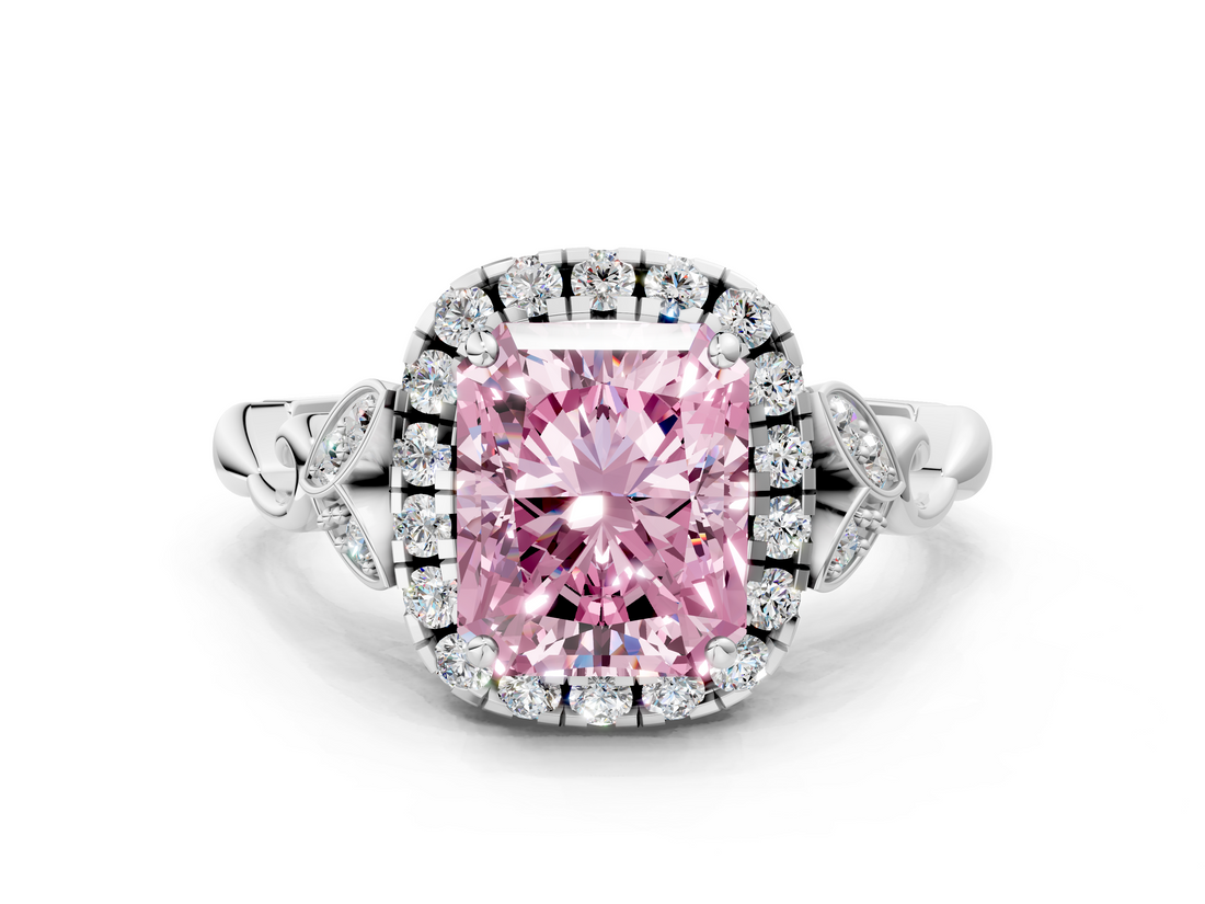 White gold Fancy Pink Radiant  Halo Diamond Engagement Ring with Vintage-Inspired Band and Four-Prong Setting_3