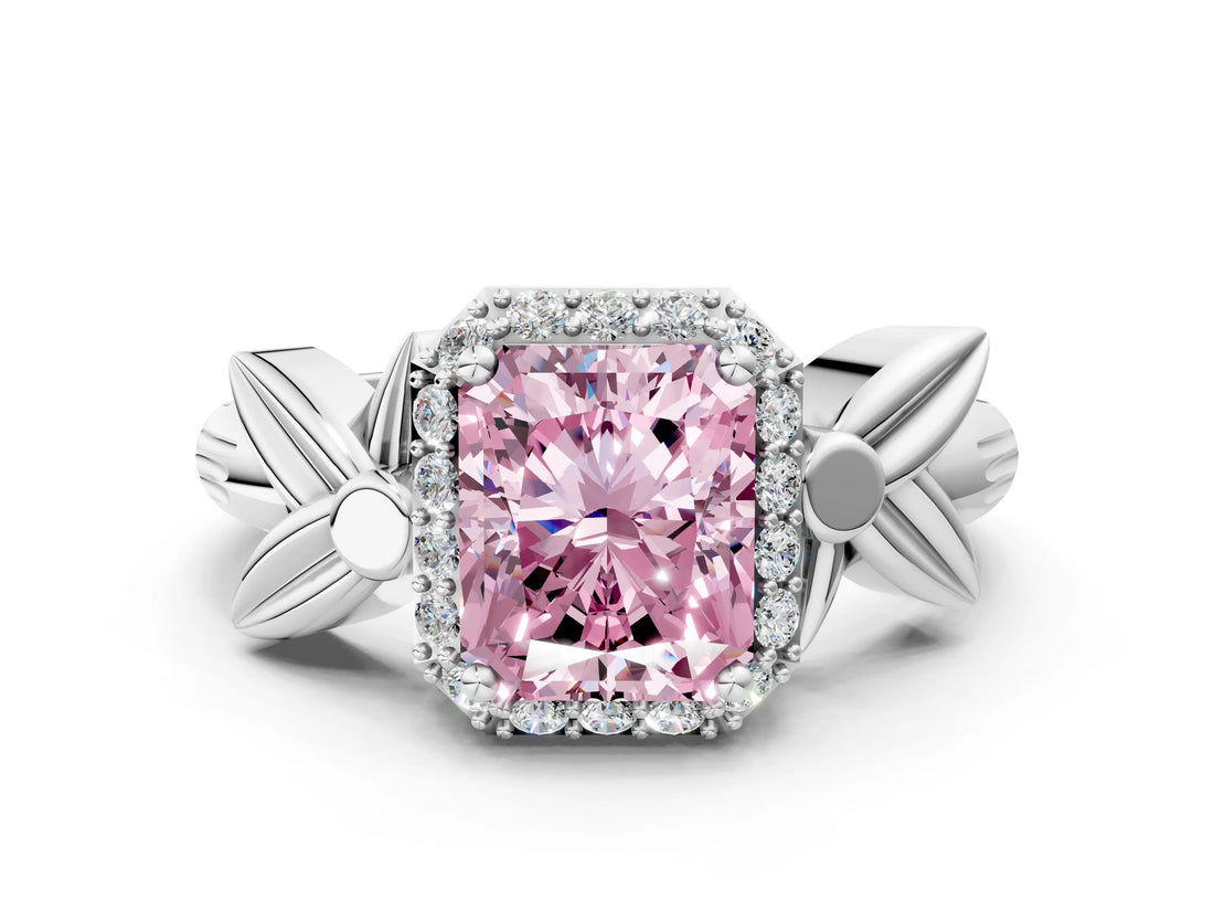 White gold Fancy Pink Radiant  Halo Diamond Floral Band with Four-Prong Setting_54