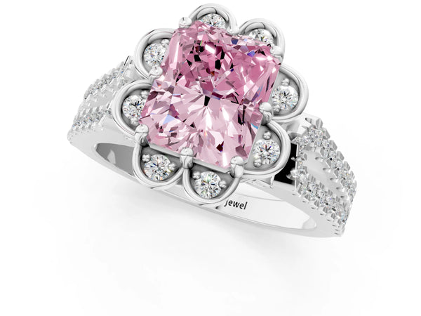 White gold Fancy Pink Radiant  Halo Diamond Floral Split Shank Engagement Ring