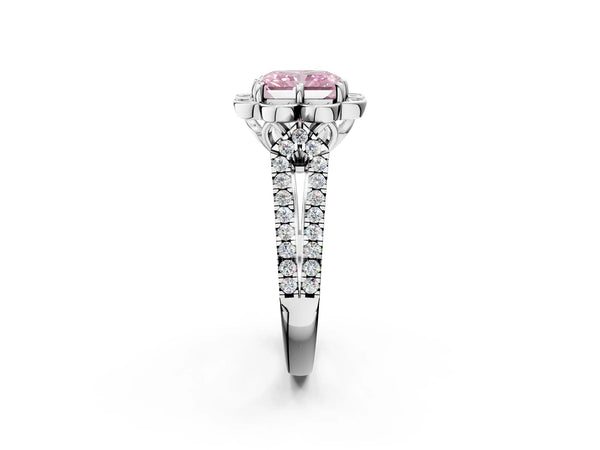 White gold Fancy Pink Radiant  Halo Diamond Floral Split Shank Engagement Ring