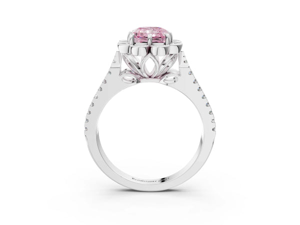 White gold Fancy Pink Radiant  Halo Diamond Floral Split Shank Engagement Ring