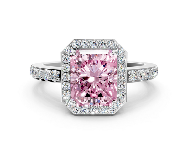 White gold Fancy Pink Radiant  Halo Diamond Pavé Band Ring with Prong Setting