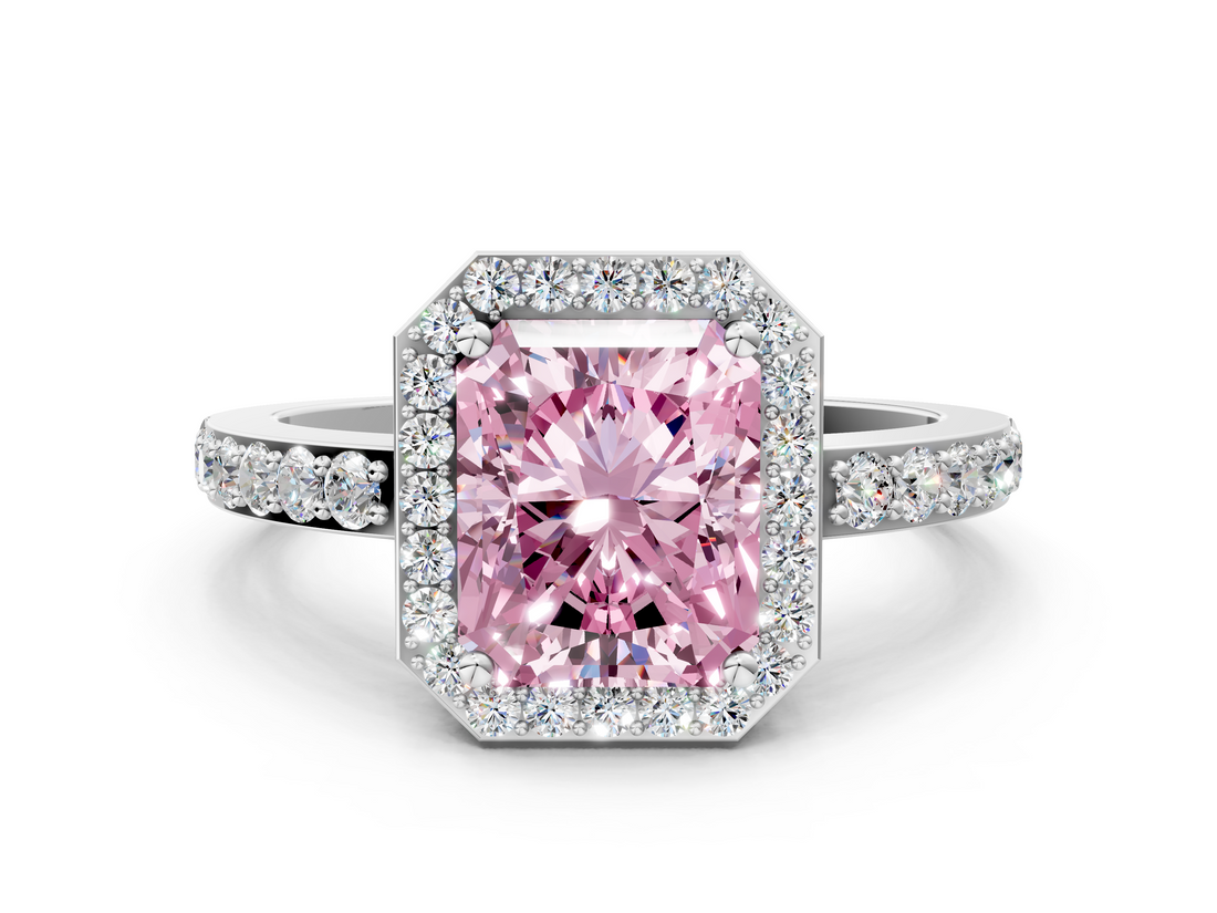White gold Fancy Pink Radiant  Halo Diamond Pavé Band Ring with Prong Setting_20