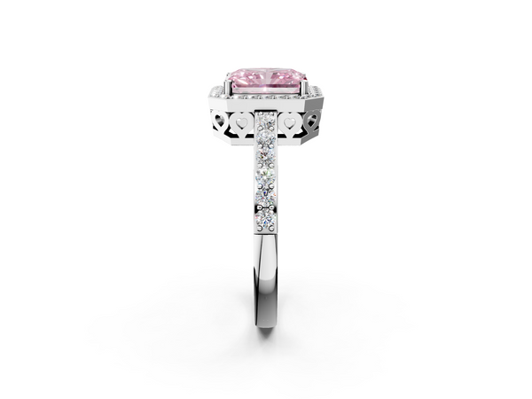 White gold Fancy Pink Radiant  Halo Diamond Pavé Band Ring with Prong Setting