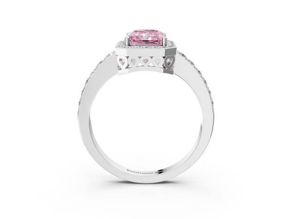 White gold Fancy Pink Radiant  Halo Diamond Pavé Band Ring with Prong Setting