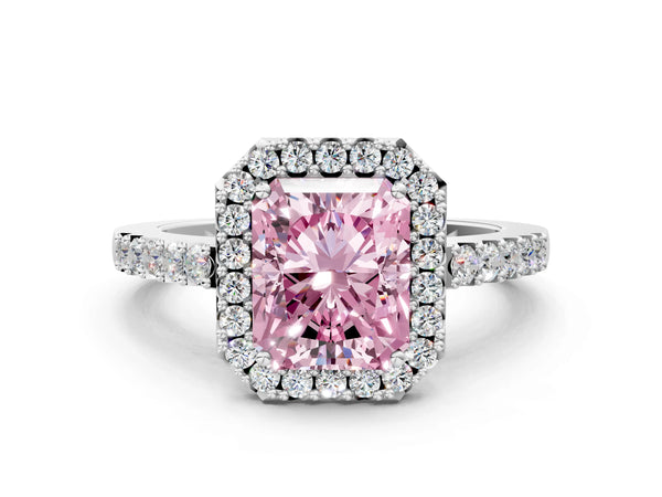 White gold Fancy Pink Radiant  Halo Diamond Pavé Solitaire Ring