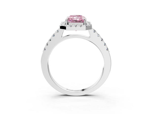 White gold Fancy Pink Radiant  Halo Diamond Pavé Solitaire Ring